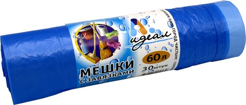 Мусорные мешки Мешкофф с завязками 60л. (Цвет Голубой)ПНД 60*70см.  20шт/рул, 20рул/кор. 20мкм